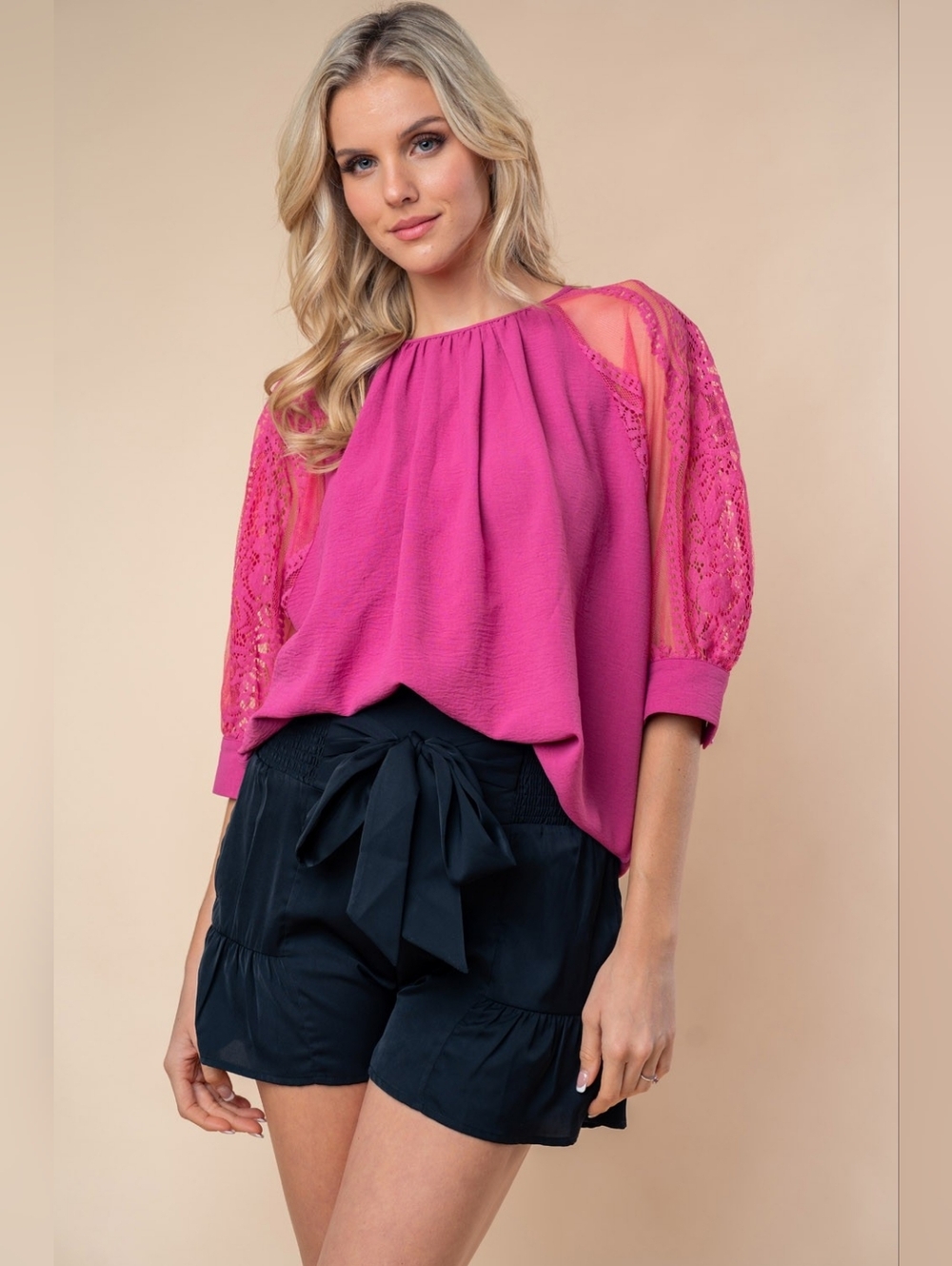 White Birch Round Neck Lace Half Sleeve Blouse - Picture 2 of 6